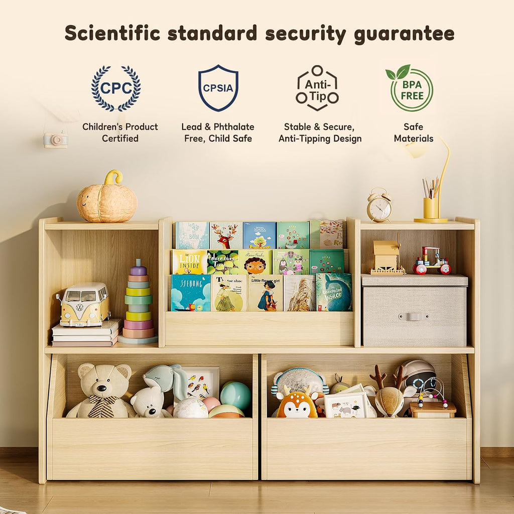 Solid Wood Kids Bookshelf and Toy Storage Organizer, 3-in-1 Montessori Bookcase with Storage Cubbies and 2 Rolling