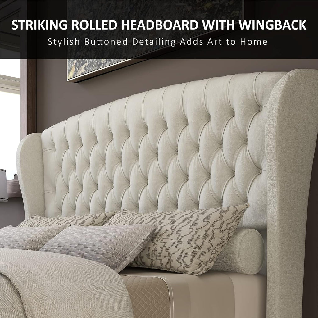 Queen Platform Bed Frame, Chenille Upholstered Sleigh Bed with Scroll Wingback Headboard & Footboard/Button Tufted/No