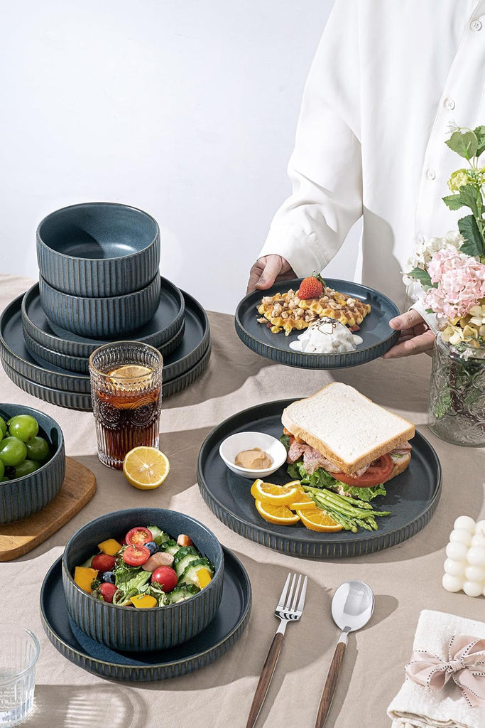 24 Piece Starry Blue Ceramic Dish Set,Plates and Bowls Set for 8,Dinnerware Sets for Hosting