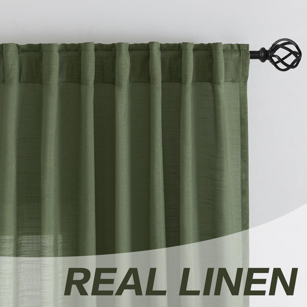 Olive Linen Back Tab Curtains 144 Inches Extra Long Ceiling to Floor for Villa Rustic - 2 Panels Hooks Belt Pinch