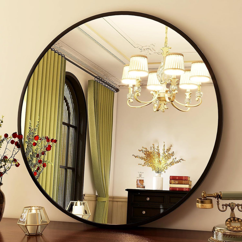 Round Mirror 30 Black Wall Mounted Circle Mirrors Vanity Mirror with Brushed Aluminum Alloy Frame Modern Decoration