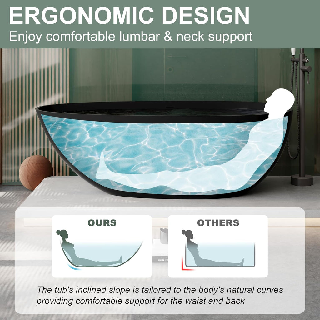 67" Freestanding Bathtub Egg-Shaped Stone Resin Freestanding Tub Solid Surface Matte Black Stand-Alone Tub with Drain
