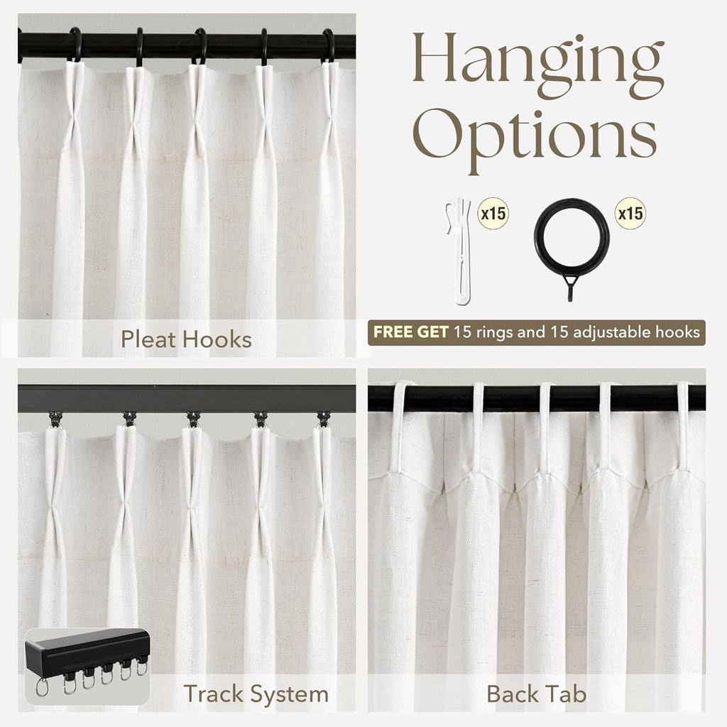 Memory Trained Pinch Pleated Linen Curtains with Hooks Living Room 2 Panels