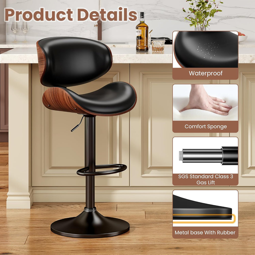 Swivel Bar Stools Set of 2 Counter, Adjustable Bentwood Barstools, Modern PU Leather Upholstered Bar Chair with Back
