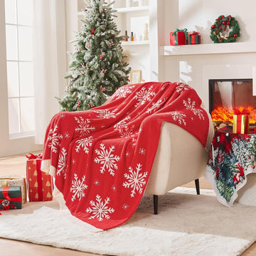 Reversible Knitted Throw Blanket, Red Christmas Snowflake, 60"x80"