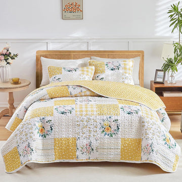 3 Pieces Floral Patchwork Quilt Set Queen, Yellow White Flowers Design, Soft Cozy Microfiber Quilt, Bedspread Bed