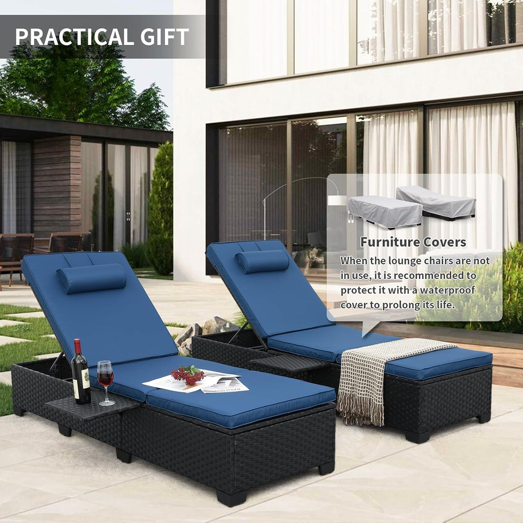 Outdoor Chaise Lounge Chairs for Outside Patio Furniture Set of 2 Wicker Recliner Black Rattan Sunbathing Lounger