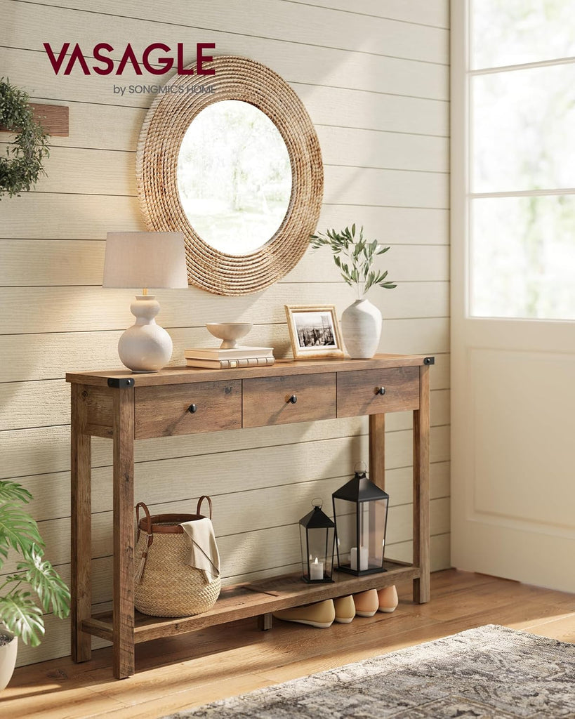 Console Sofa Table, Narrow Entryway Table with 3 Drawers, Open Storage Shelf, Metal Corners, , Farmhouse