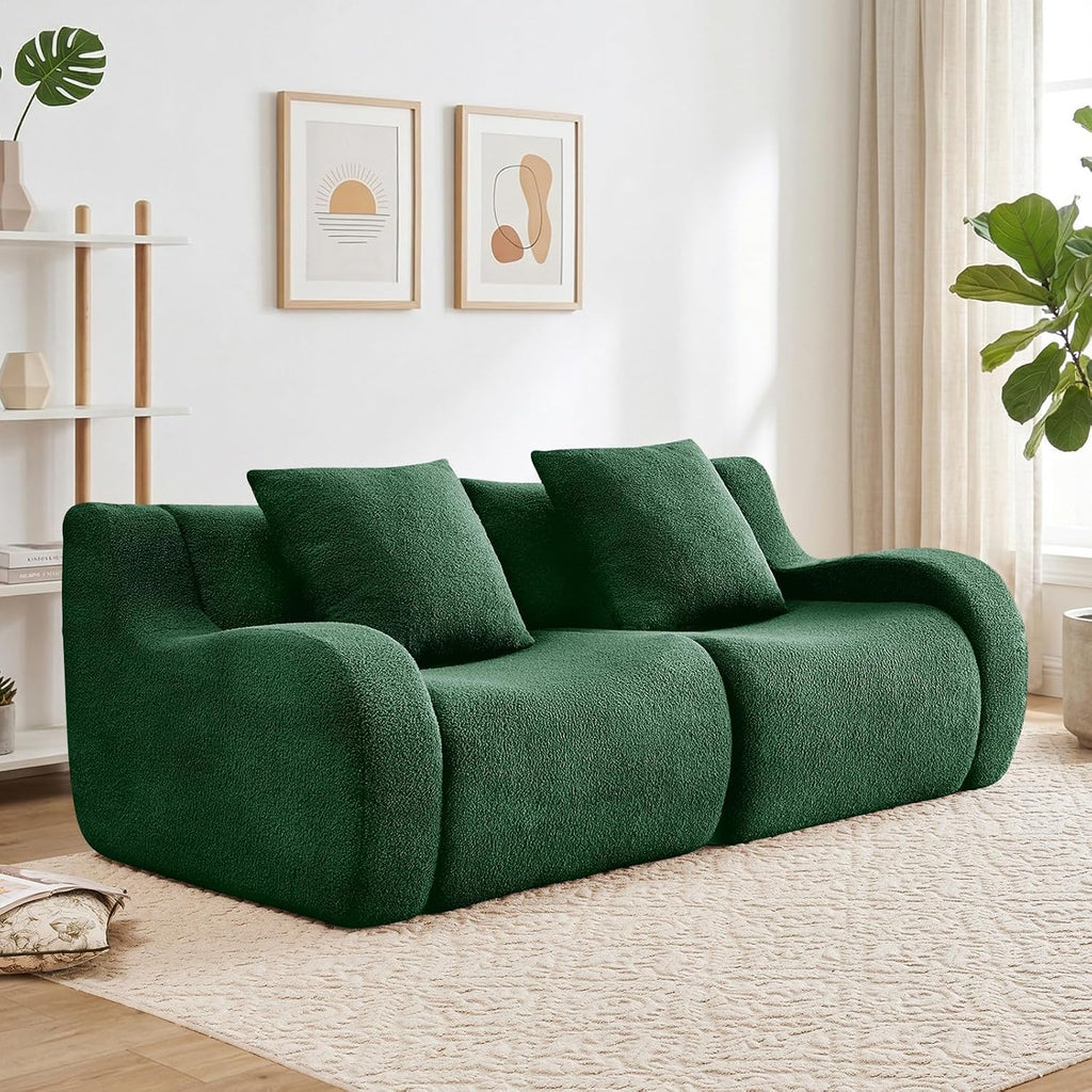 81.7" Loveseat Sofa, No Assembly, Streamlined Design, Modern Small Couch with Plush Teddy Fabric (Green)