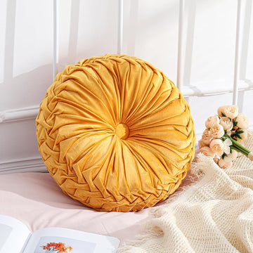 1 Pcs Round Throw Velvet Pillows Decorative Pleated Throw Pillows Diameter Accent Pumpkin Boho Chair Cushion,15'')
