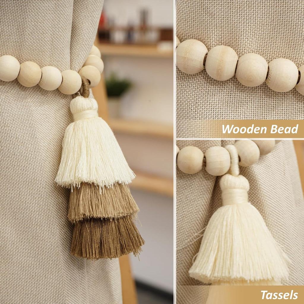 Magnetic Curtain Tiebacks with Wood Beads, Boho Rope Drapery Holdbacks with Triple Tassels, No Drill Curtain Holders