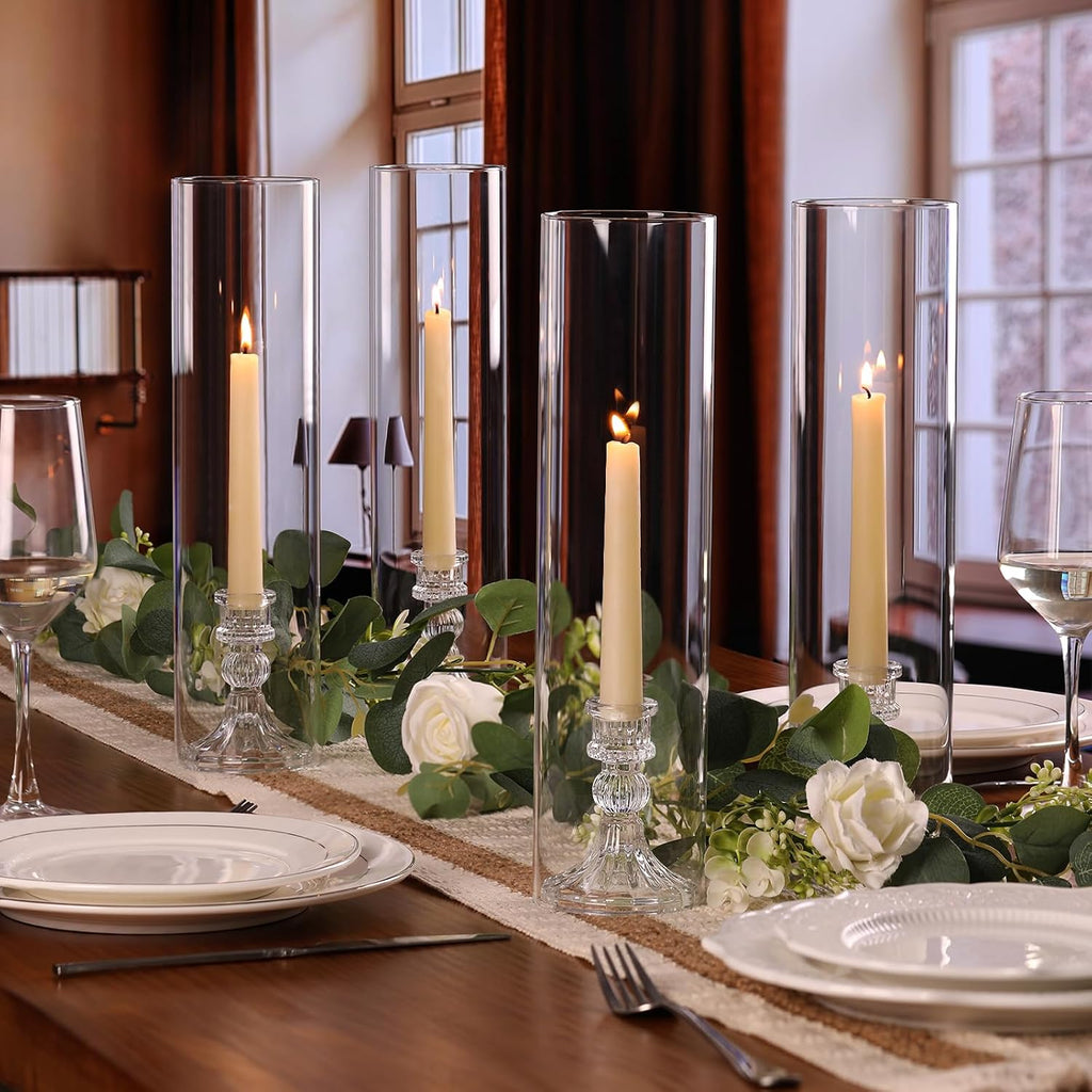 6 Set Hurricane Glass Candle Holders for Taper Candles, Vertical Striped Candlestick Holders with Windproof Glass