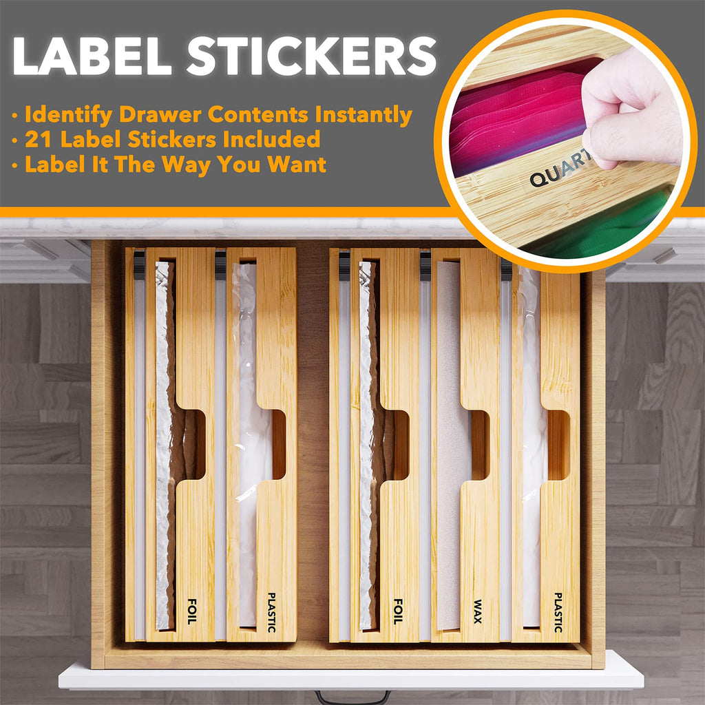 WrapNeat 3 in 1 Wrap Organizer with Cutter and Labels, Plastic Wrap, Aluminum Foil and Wax Bamboo Dispenser Storage