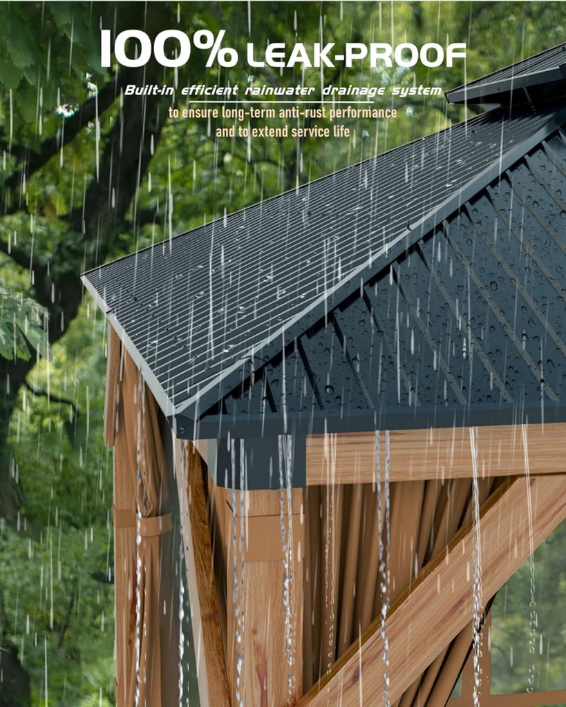 10x12 ft Hardtop Wood Gazebo for All Weather, Double Metal Roof, Heavy Duty Cedar Frame, Curtains & Netting