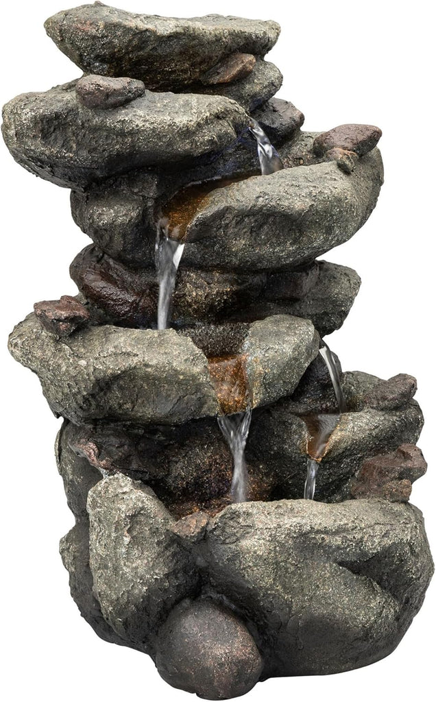 14" Indoor Tabletop Rainforest Rock Water Fountain with LED Lights, Tiered Desktop Fountain and Office Décor, Gray