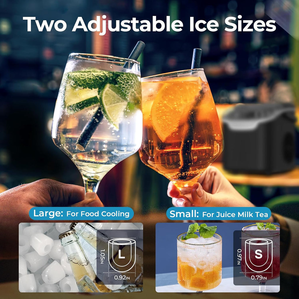Countertop Ice Maker Machine, 8 Ice Cubes in 6 mins, 26lb/Day Ice with 2 Sizes- Portable Mini, Energy Saving & Basket/Scoop for Home/Party/Travel/Camping/Bar, Dark Black