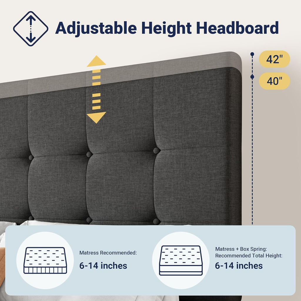 Upholstered King Platform Bed Frame with 4 Storage Drawers and Headboard, Square Stitched Button Tufted