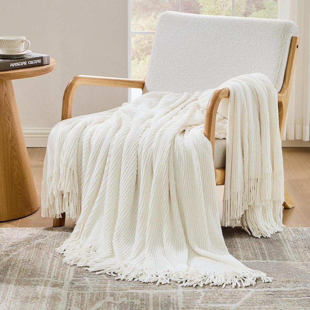 Throw Blanket,Chunky Chenille Woven Soft Blankets with Tassels,Cozy Boho Farmhouse Spring Summer Fall Decor,Warm