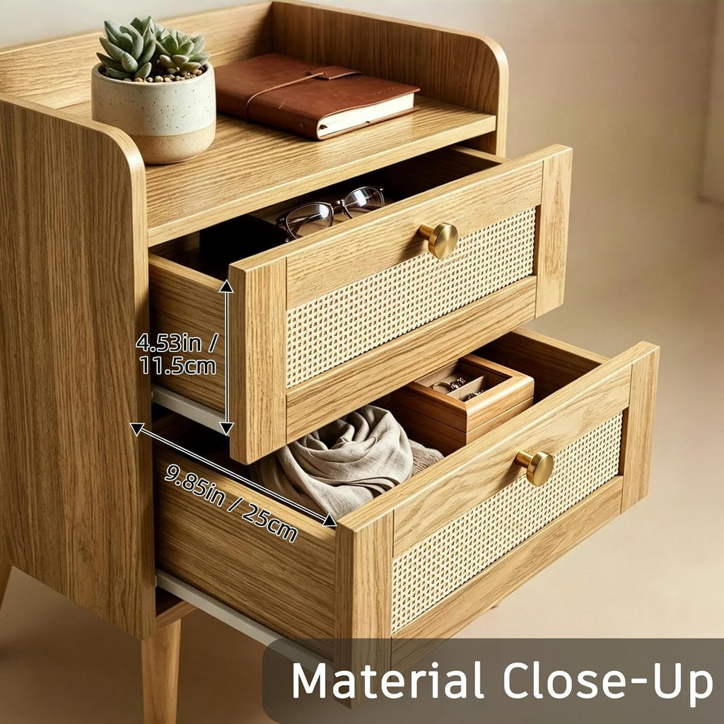 Nightstands Set of 2 with Charging Station, Modern Boho Rattan Bedside Tables with 2 Drawers,Open Storage End Tables