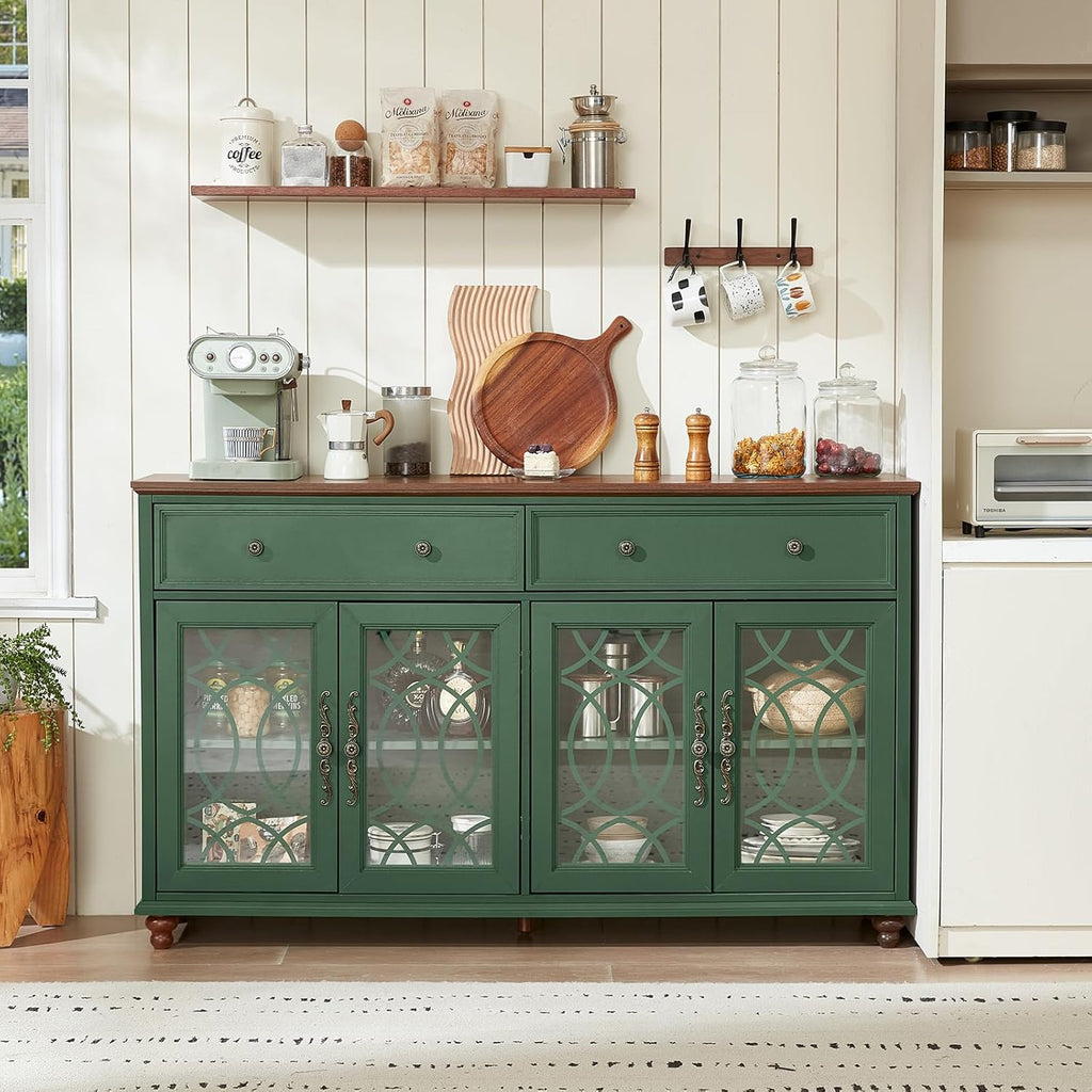 Farmhouse Sideboard Buffet Cabinet with Storage,Adjustable Shelves Console Table,59" Large Credenza with 4 Glass Doors