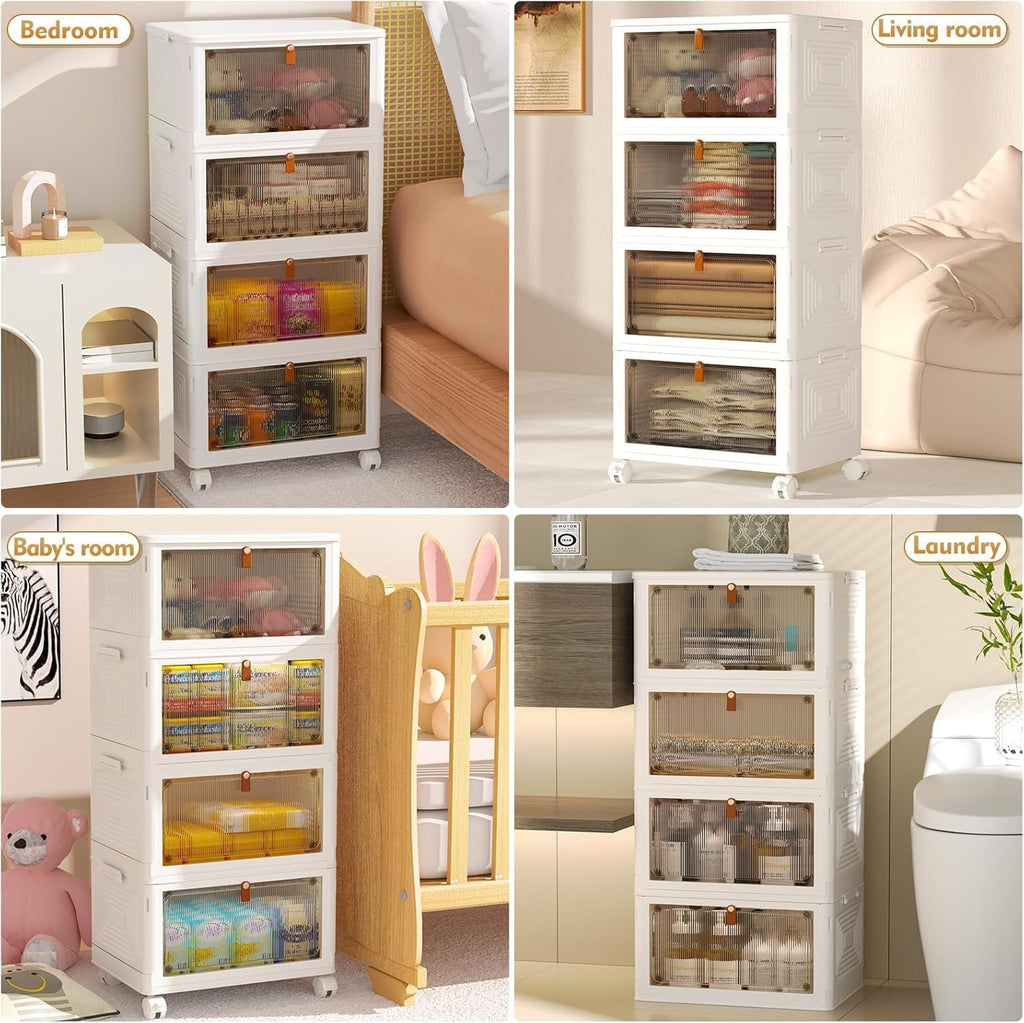 4 Tier Plastic Storage Bins with Lid 23QT, Stackable Storage Bins | Plastic Storage Bins with Wheels, Folding Storage