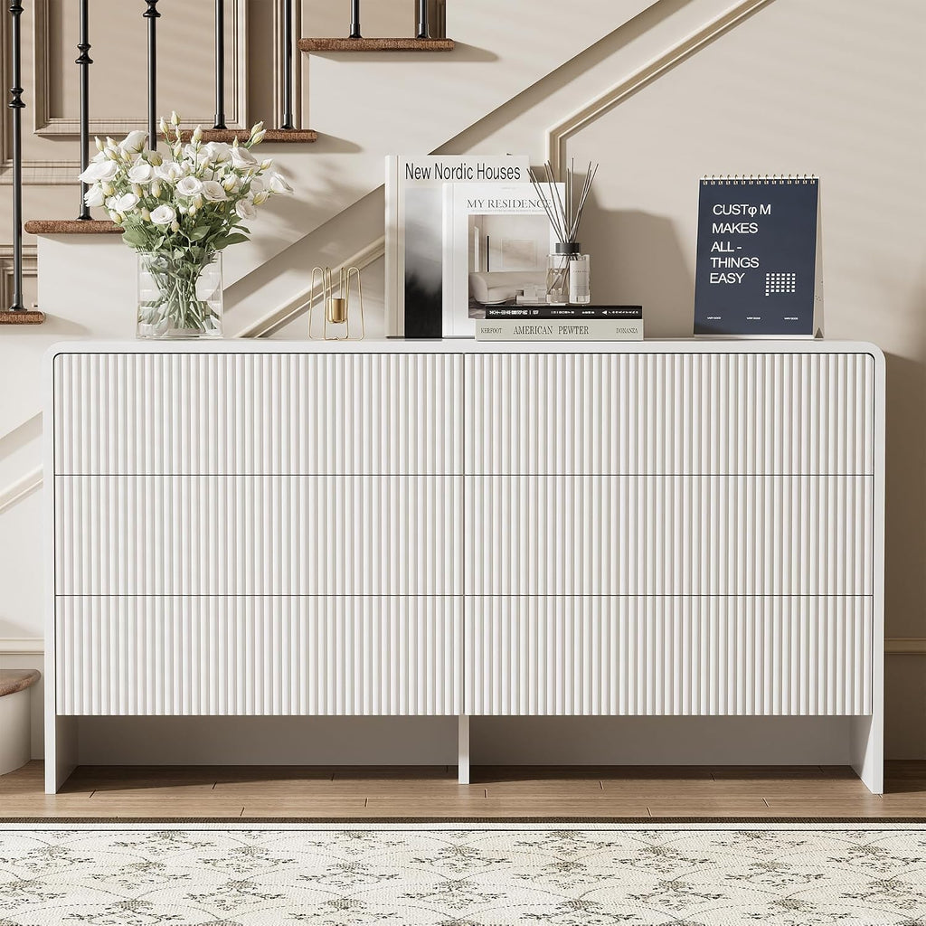 55" Wide Modern Dresser , 6 Drawer Chest of Drawers with Curved Design, Push-to-Open Storage Dresser, White