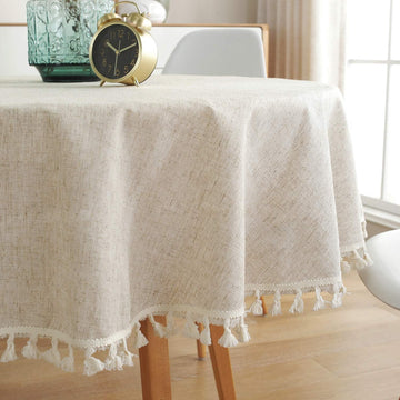 Solid Color Tassel Tablecloth Cotton Linen Dust-Proof Shrink-Proof Table Cover Dining Farmhouse Tabletop Decoration