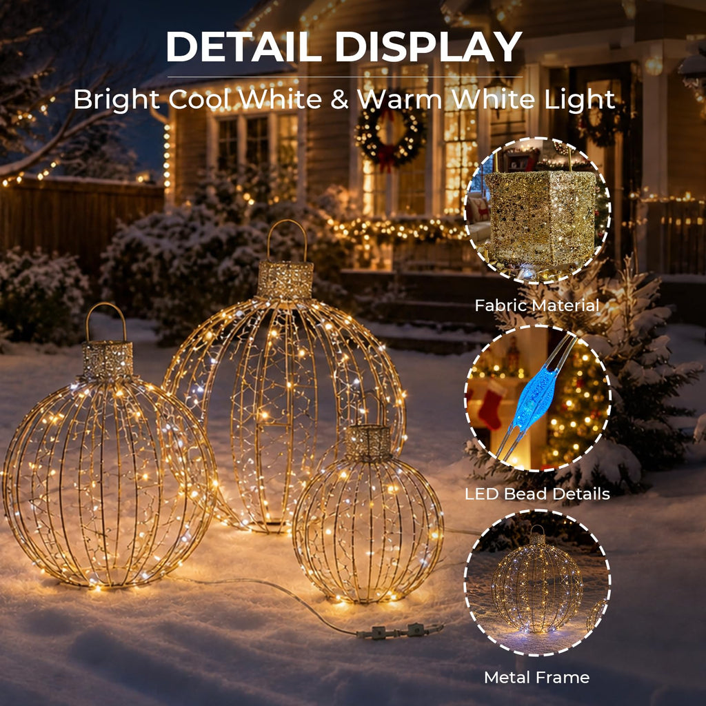 3-Piece Large Lighted Balls Outdoor Christmas Decorations Light Balls Outdoor Hanging Christmas Twinkle Ornaments Set