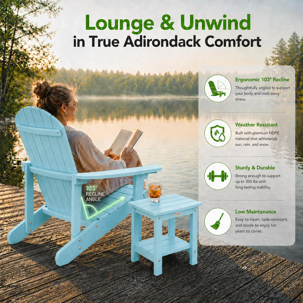 Adirondack Chair Set of 2 with Double Layer Side Table, HDPE Outdoor Patio Chairs, All Weather Plastic with Cup
