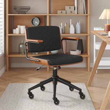 Mid-Century Modern Office Chair with Rubber Wheels & Walnut Arms - PU Leather Mid-Back Desk Chair, Bentwood Backrest