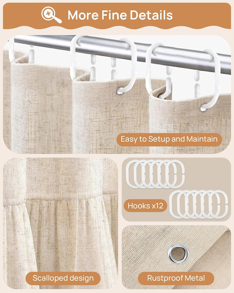 Farmhouse Shower Curtain Linen Boho Ruffle - Textured Fabric Shower Curtain Set with Hooks, 72"x72", Rustic Vintage