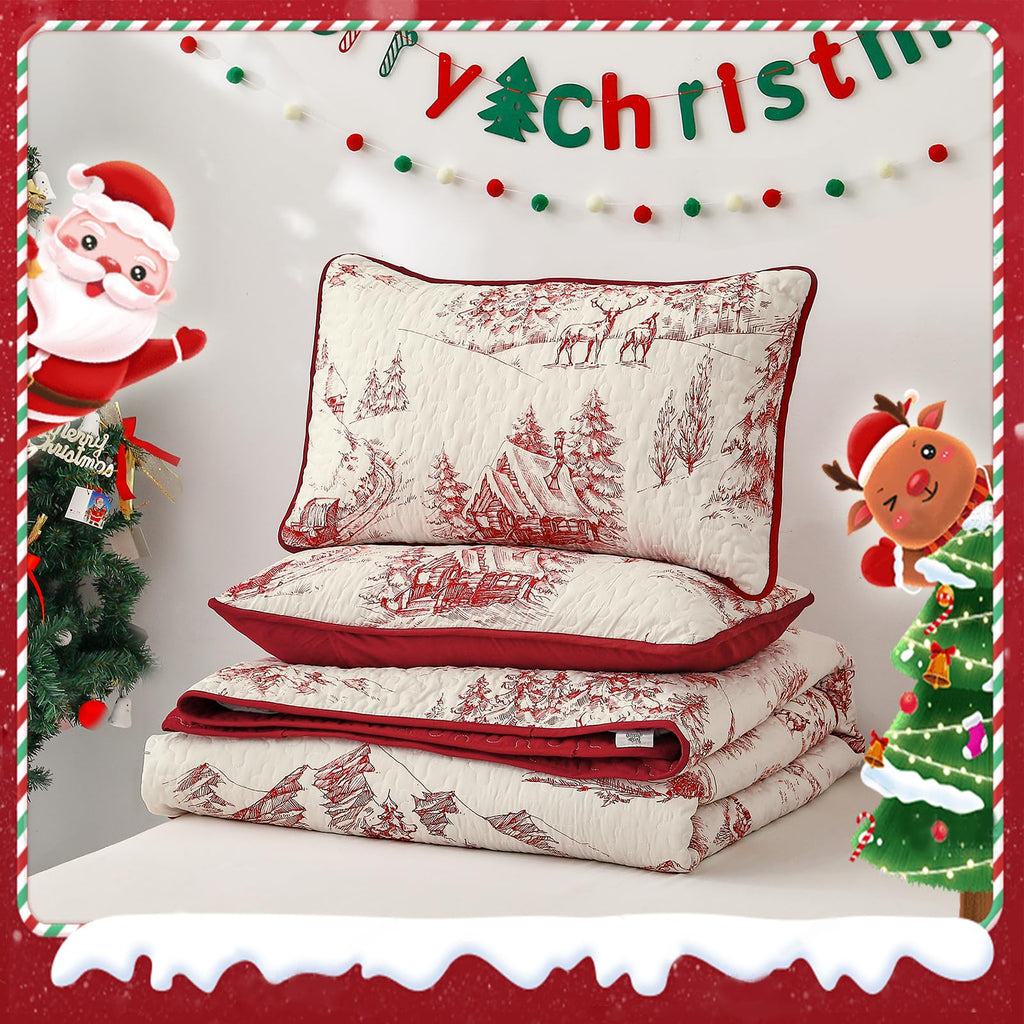 Christmas Quilt Set King Size, Xmas Red Cottage Tree Bedding