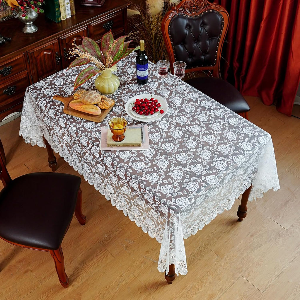Rectangle Tablecloth White Embroidered Lace Raised Rose Pattern Fabric Farmhouse Rustic Table Cloth 