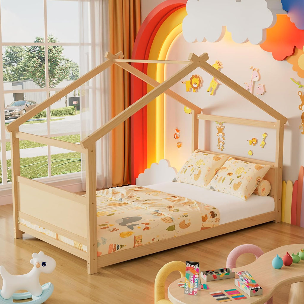 Twin Montessori Floor Bed Frame, Solid Wood Kids House Bed Without Rails, Open Concept Toddler House Bed with