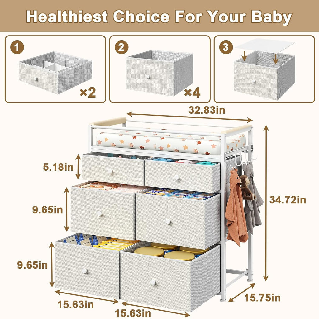 Baby Diaper Changing Table & Station with 6 Drawers Organizer | Heavy Duty Baby Changing Table Organizer Dresser