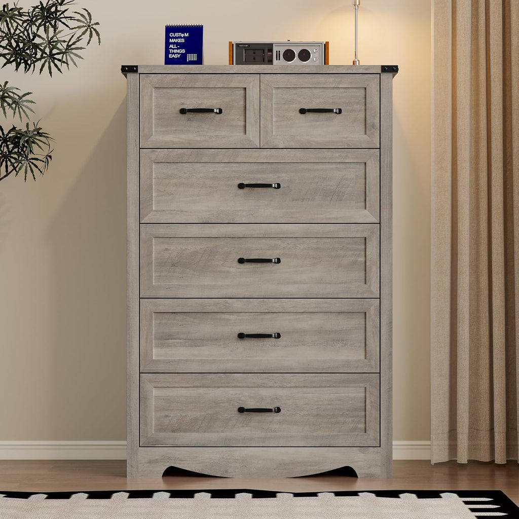 Tall 6-Drawer Dresser , Modern Wooden Chest of Drawers with Metal Handles, Anti-Tipping Design, Sturdy and Stable