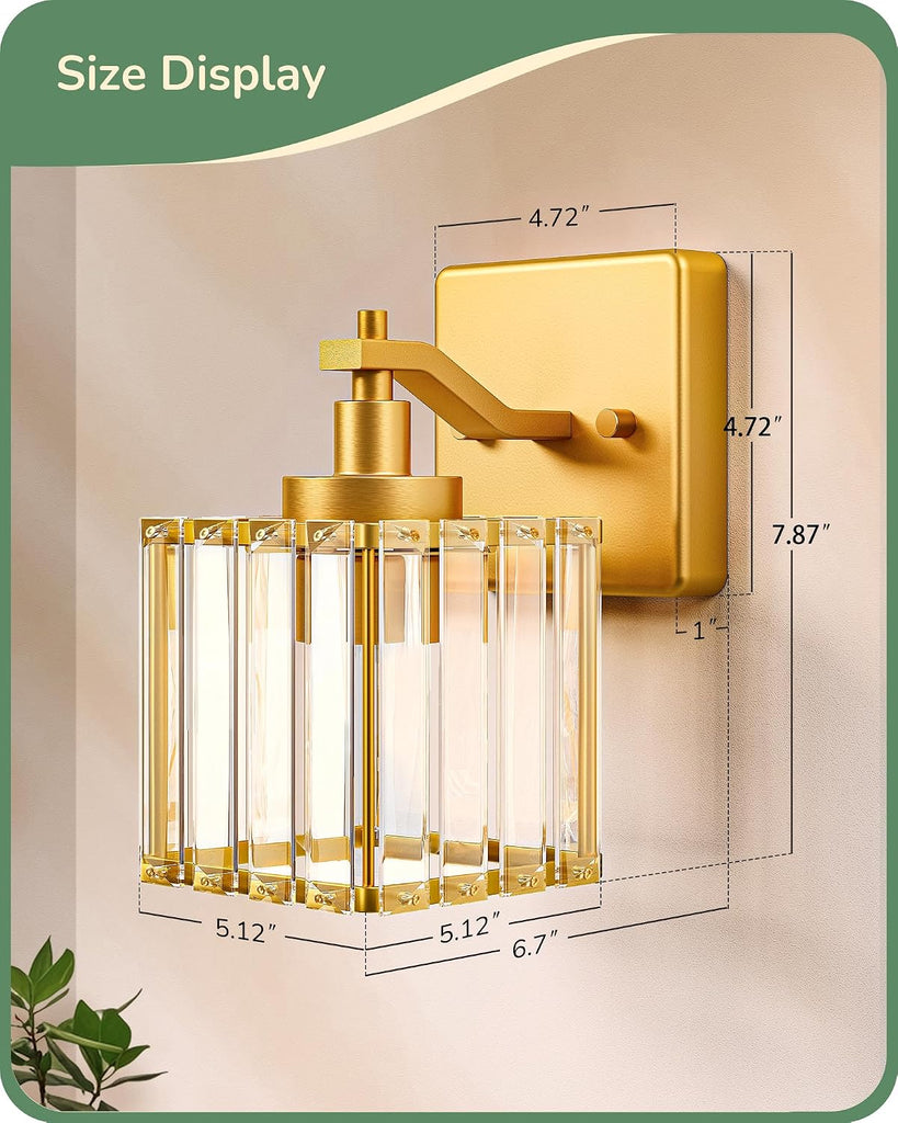 Modern Gold Crystal Wall Sconces Set of 2, Bathroom Vanity Lights | Hardwired, 1-Light, Standard E26 Base, Up Down