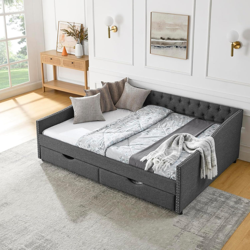 Wood Queen Size Daybed, Day Bed Frame with 2 Storage Drawers, Upholstered Bed Frame Queen Sofa Bed with Button and