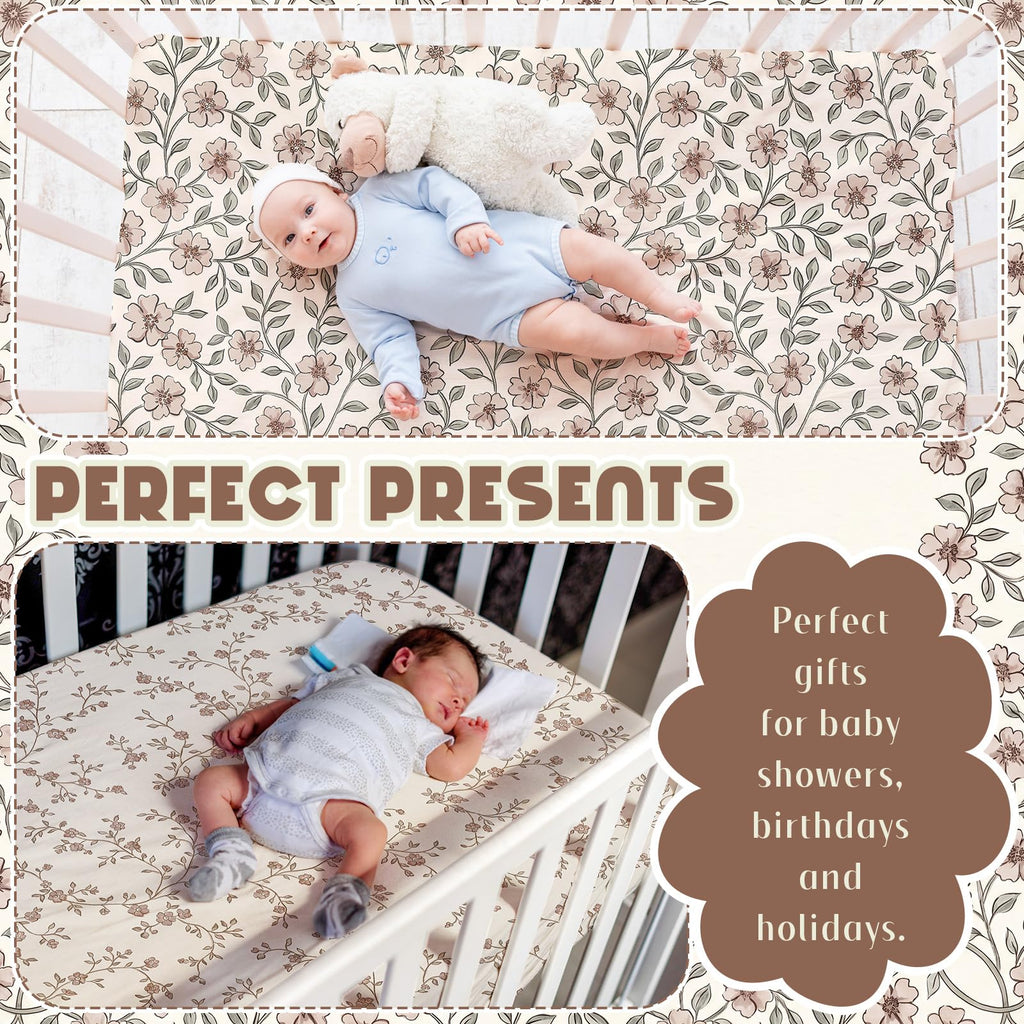 4 Pack Crib Sheets for Baby 52'' X 28" Brown Floral Crib Sheet