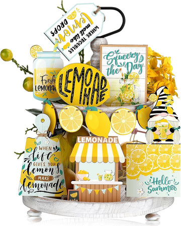 Lemon Tiered Tray Decor Lemon Decorations Summer Lemonade Wooden Signs Rustic Farmhouse Decorative Trays - Set of 13