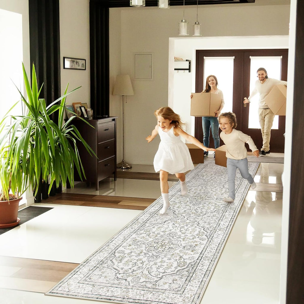 Oriental Runner for Hallways 2.5x10 Washable Beige Kitchen Runners Non Skid Long Entryway Rug Runner