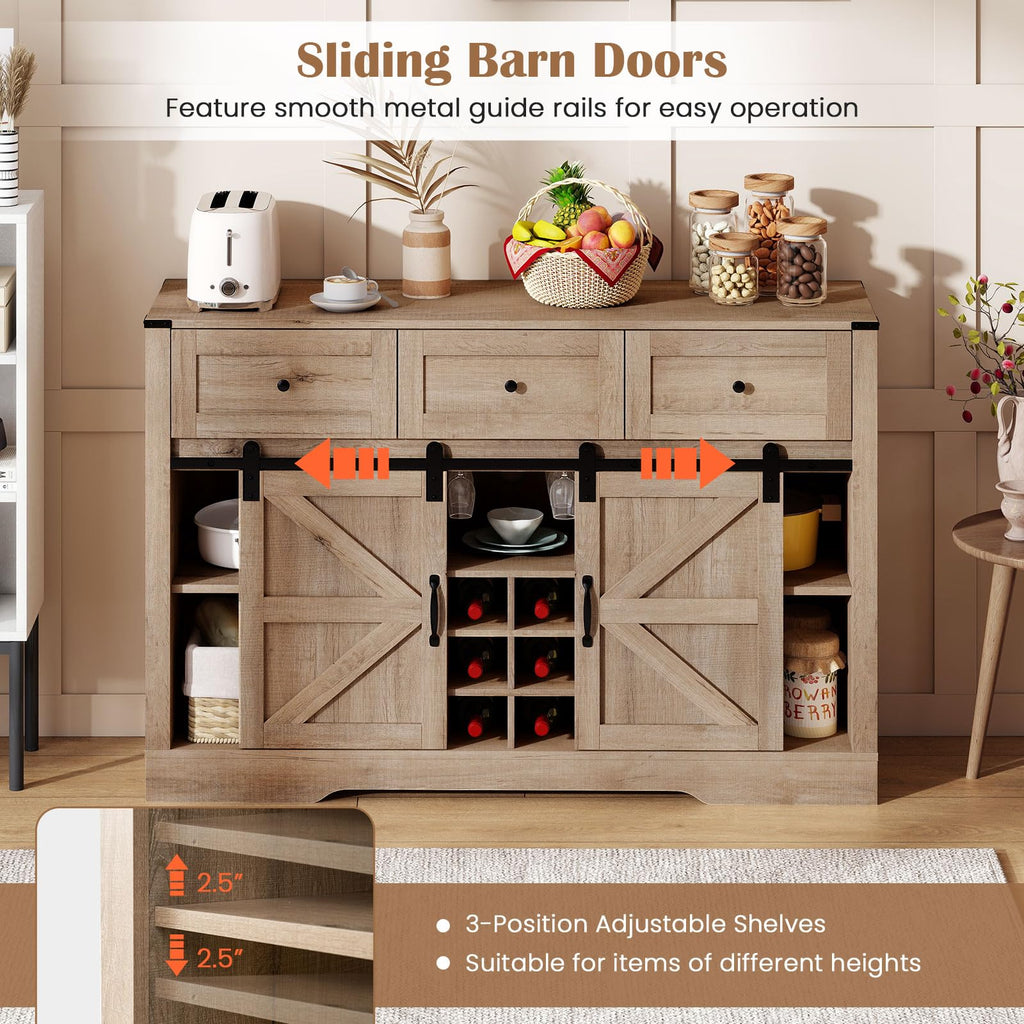 Wine Bar Cabinet with LED Lights, 52" Buffet Sideboard w/Sliding Barn Door, 3 Drawer, Adjustable Shelf, 12 Bottle