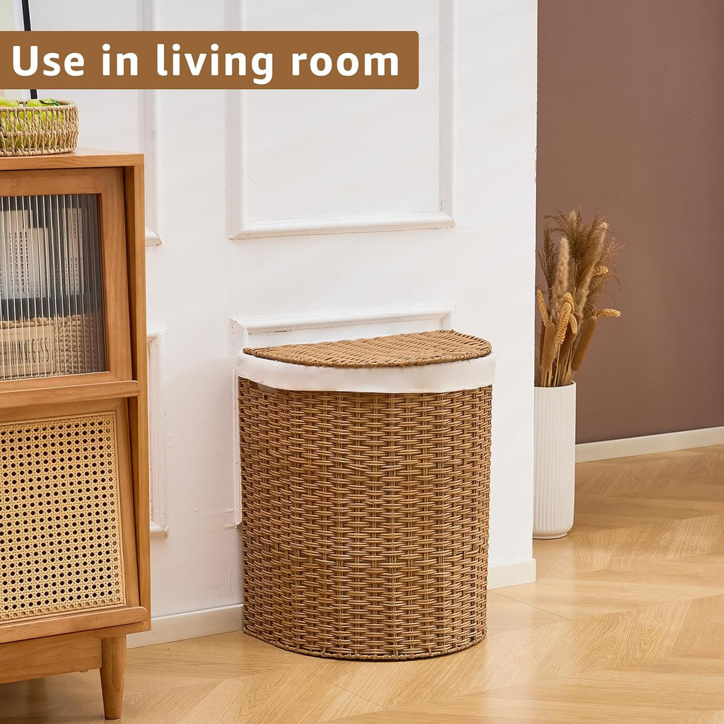 Wicker Half Moon Laundry Basket with Lid and 2 Replaceable Liner Bags, Handwoven Rattan Hamper for Dirty Clothes