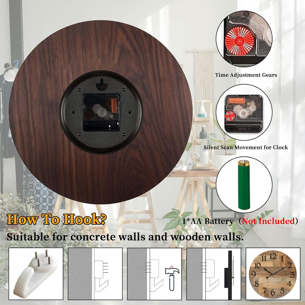 24 Inch Silent Large Wall Clock Battery Operated for Farmhouse Kitchen,Non-Ticking Retro Wall Clock with Big Numbers