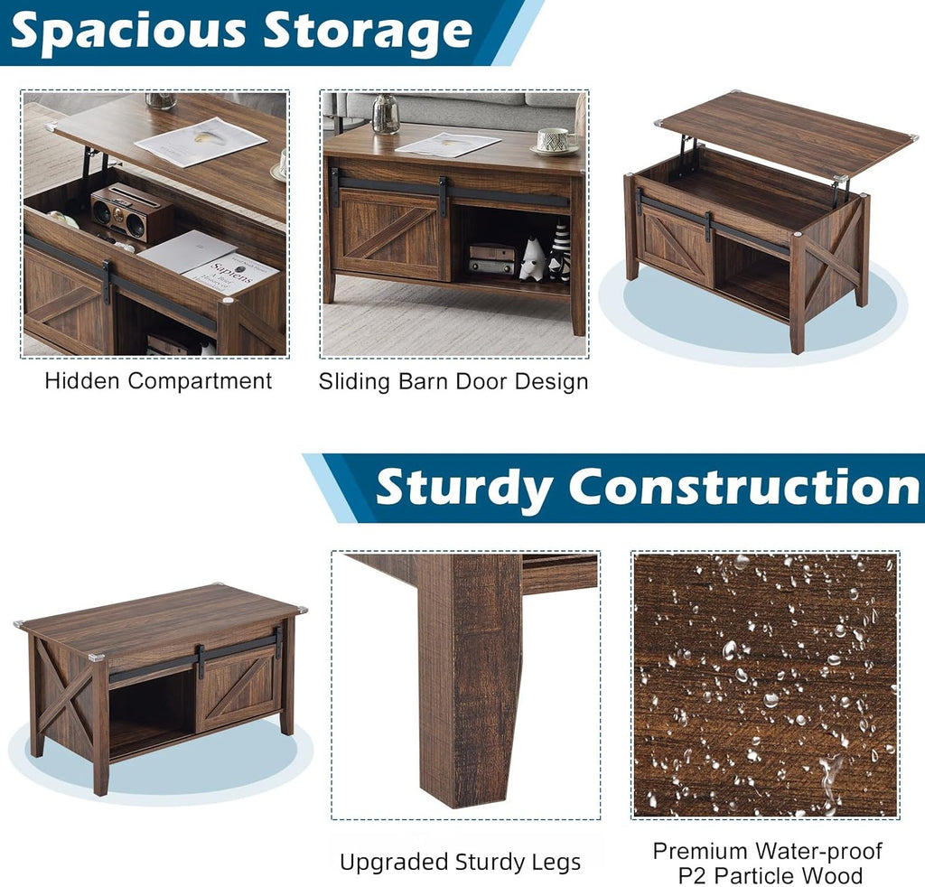 Farmhouse Lift Top Coffee Table, Rustic Grey with Storage Shelf/Hidden Compartment, Mesa De Centro para Sala