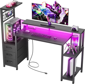 48" Gaming Desk with Power Outlet, LED, Drawers, Carbon Fiber Black | Reversible,Computer Desk, Gamer Table, with