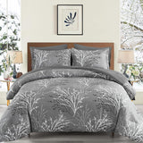 DJY Gray Comforter Set Queen Branch Botanical Bed in a Bag 7 Piece Grey Floral Comforter