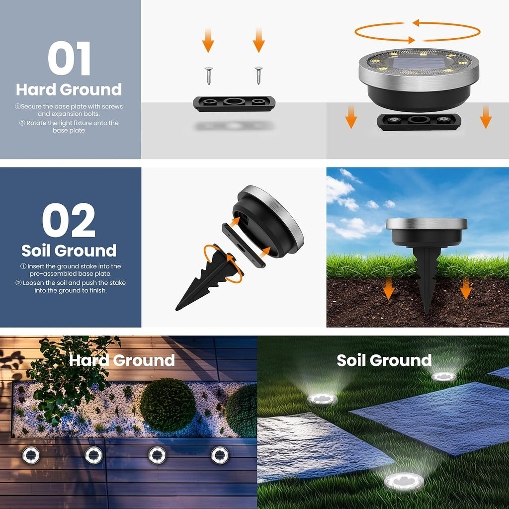 10 Pack Solar Ground Lights Outdoor, Backyard Decor Cool White | IP65 Waterproof Stainless Steel Landscape Lighting