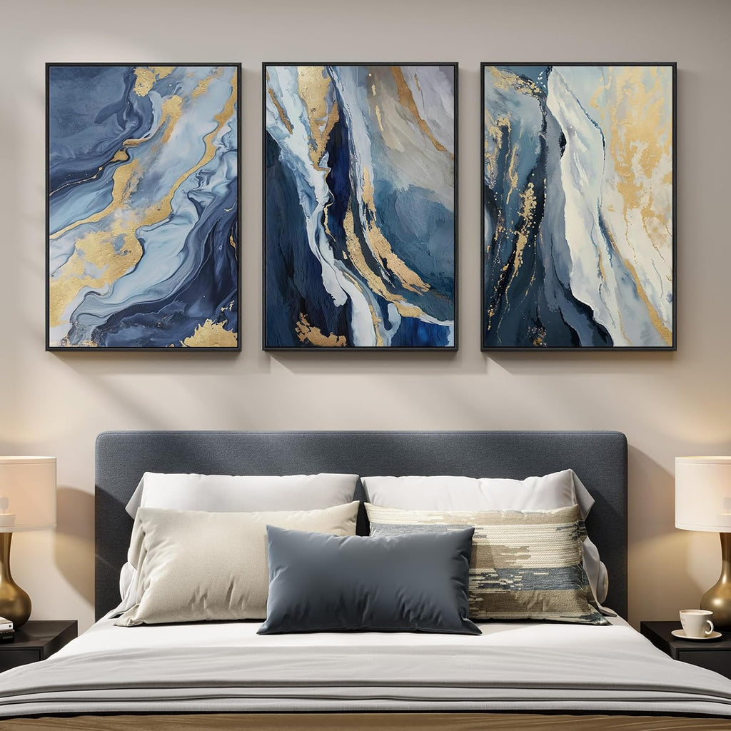 Large Framed Blue and Gold Abstract Wall Art , 3 Piece Modern Canvas Prints Paintings Artwork for Walls, Luxury