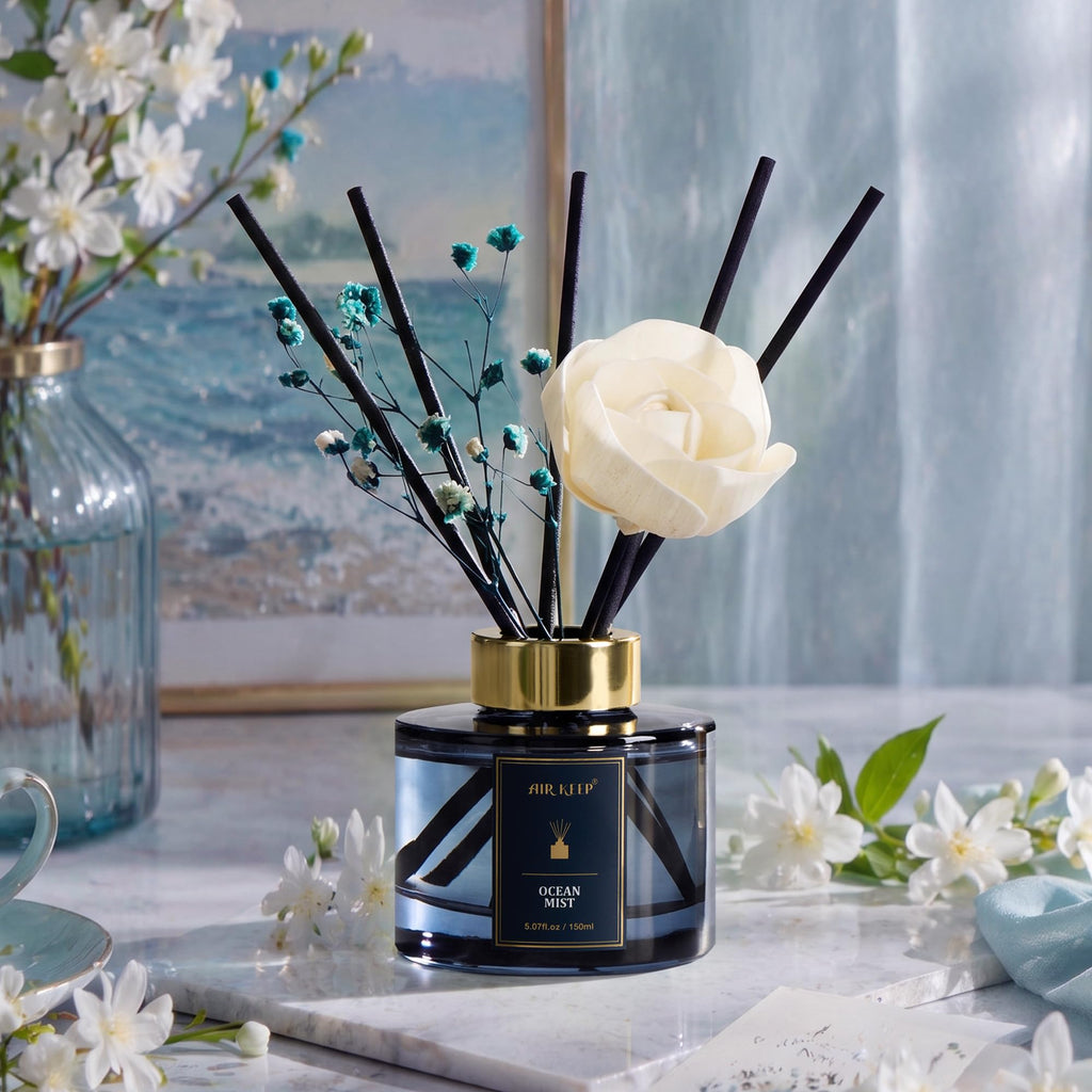 Flower Reed Diffusers Set, 5.07 oz Ocean Mist Scented Oil Diffuser with 8 Reed Sticks, Home Fragrance Diffuser Gift